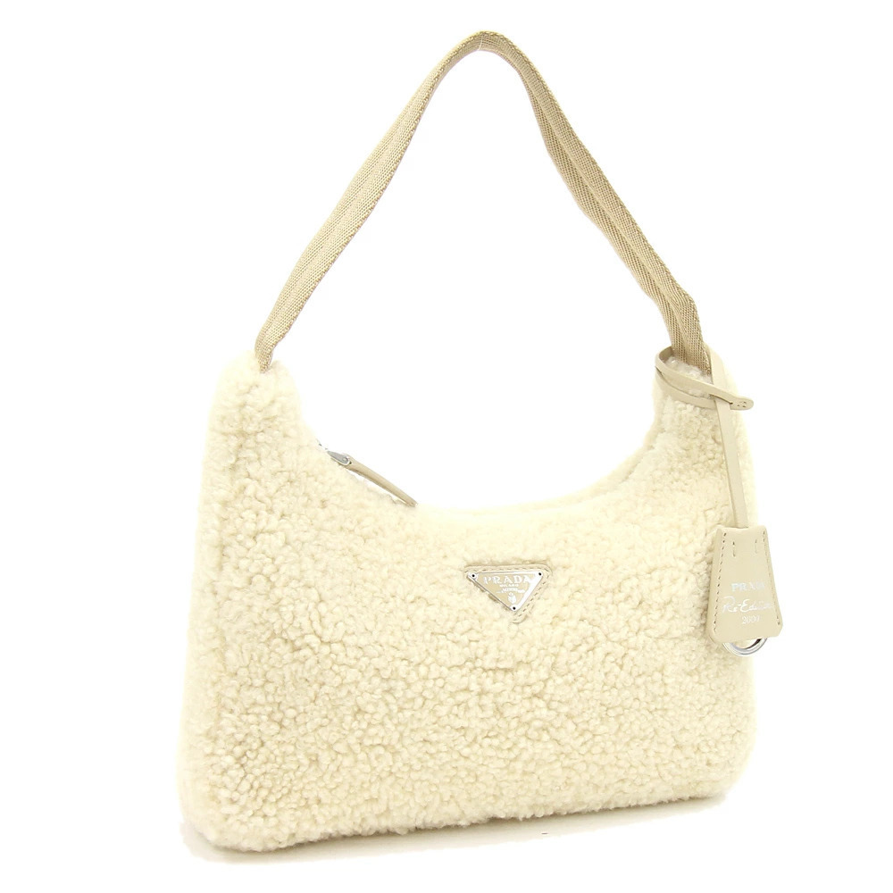 Prada Shoulder Bag Ivory White Sheep Fur Re Edition Semi Shoulder Hobo